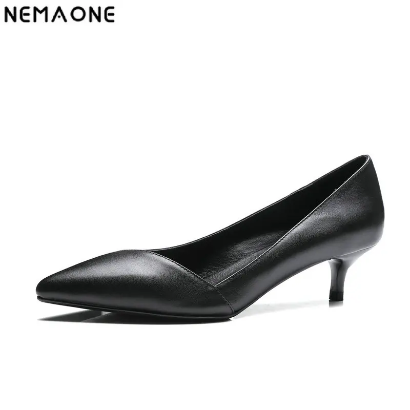 

NEMAONE New Women Genuine Leather med Heel Shoes Pointed Toe Pumps Design Wedding dress Shoes woman