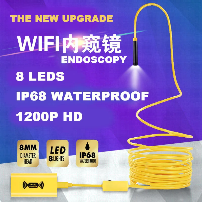 Câmera de Endoscopia Câmera de Inspeção Ip68 à Prova Amarelo Suporte Iphone Android Super Luz d' Água Cobra Endoscópio Rígido 110b 1200 p 2 cameras camera