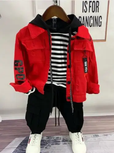 

Children's spring and autumn suit boy denim jacket + striped hoodie + pants 3 sets of boys' wear 2-6 years old