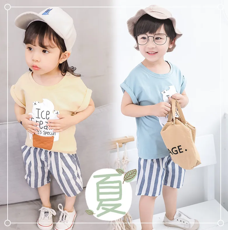 New Cotton Baby Boys Clothes Set Summer Casual Toddler Girl Outfits 2pcs Children Clothing Letter Tshirt Stripe Shorts Kids Suit (1)