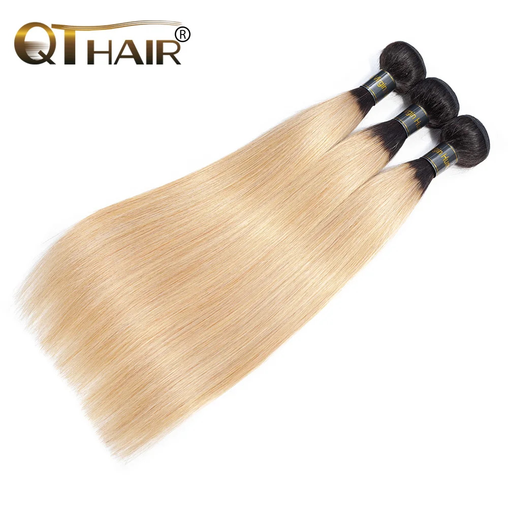 

QThair Ombre Human Straight Hair Weave 3 Bundles Dark Roots T1B/27 Ombre Blonde Malaysia Human Hair Non-remy