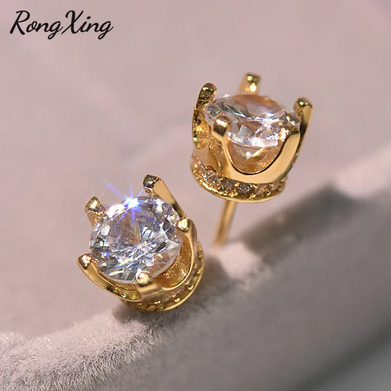 RongXing очаровательные разноцветные циркониевые серьги гвоздики в форме короны для