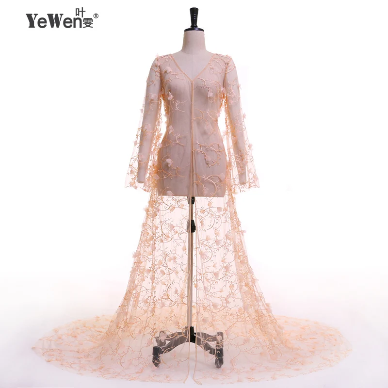 

YeWen Lace Boudoir Sexy Evening Dress Women See Through Underwear Long Sleeve Women Beach Ball Gowns Flower Custom color
