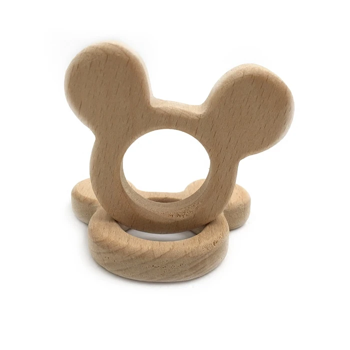 

Beech Wooden Mickey Mouse Natural Handmade Wooden Teether DIY Wood Personalized Pendent Eco-Friendly Safe Baby Teether Toys