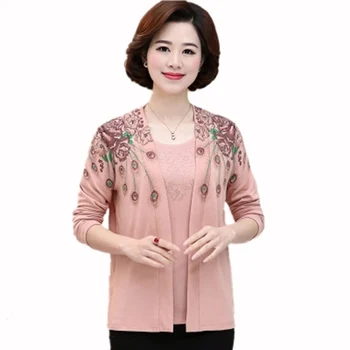 

Middle Aged Women Two Piece Knitted Sweater Cardigan Lady Autumn Winter Plus Size Print Long Sleeve Knitted Sweater Tops F482