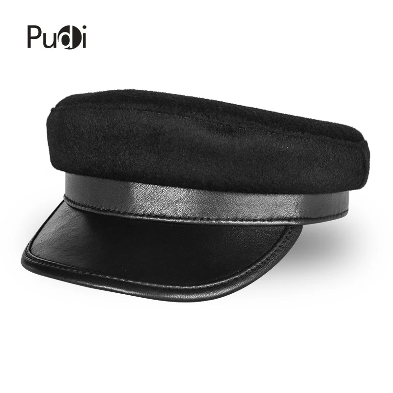 

Pudi women genuine leather military hat cap 2018 new style real leather student school caps hats HL812