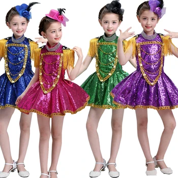 

Purple Blue Red Kids Sequined Ballroom Modern Jazz Dance wear dress Costumes Girls Performance Party Stage Dancing dress Outfits