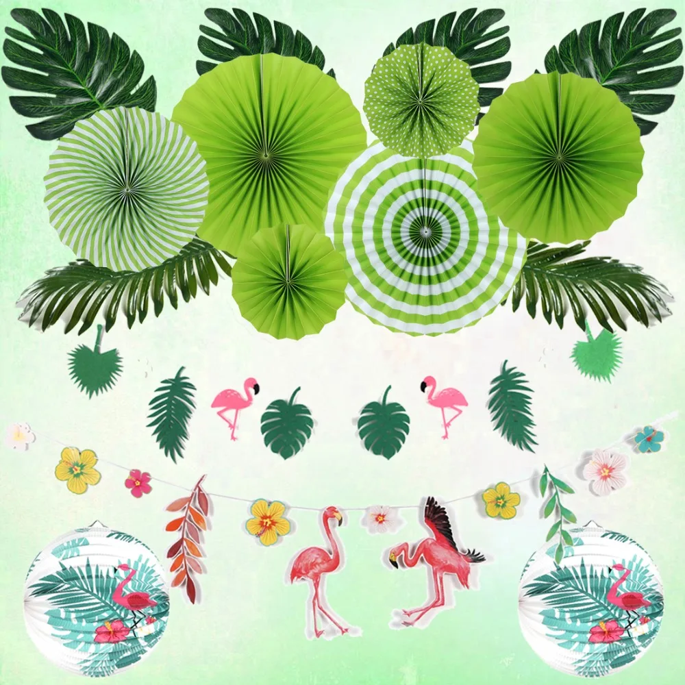 Luau джунгли Фламинго вечерние украшения Набор Лето тропические листья день рождения Гавайские Фонари Зеленый вентиляторы 1st тропический Декор