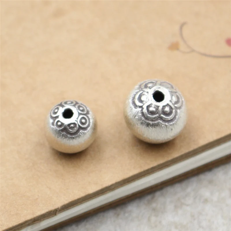 

925 sterling silver Brushed engraved flower Frosted carved Spacer Ball Beads for making diy jewelry accessories 8/10mm 3pcs