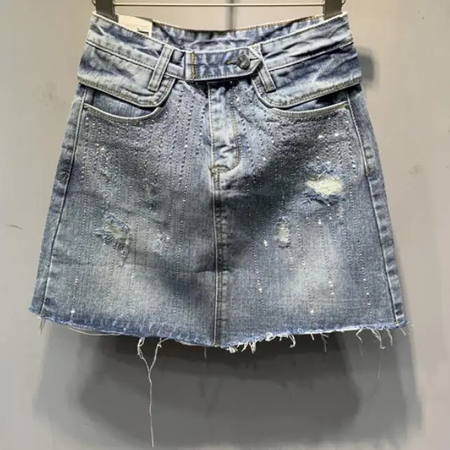

Denim skirt women 2019 summer new fashion diamond high waist A-line mini jeans skirt