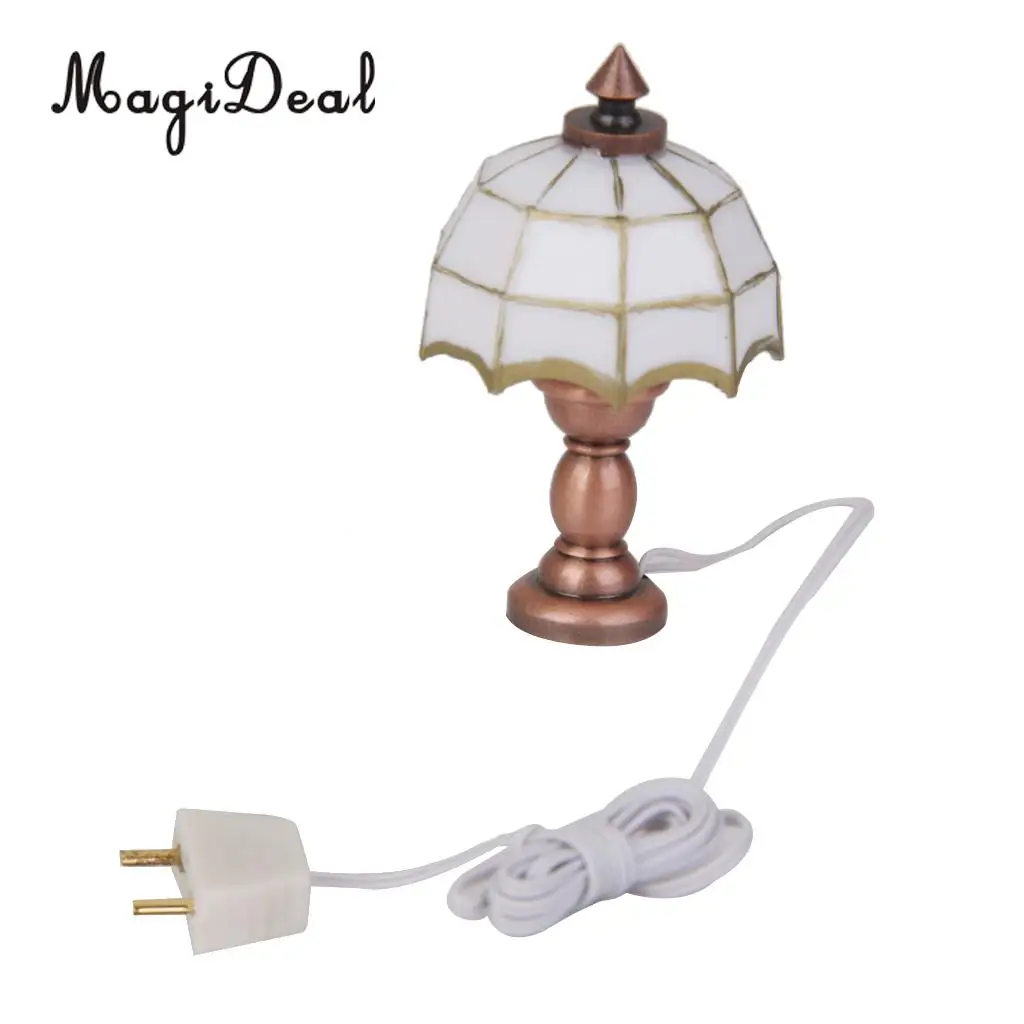 MagiDeal 1Pc 1/12 Dollhouse Miniature White Shade Light Desk Table Reading Lamp for Dolls Bedroom Living Room Home Decor Acc 12V