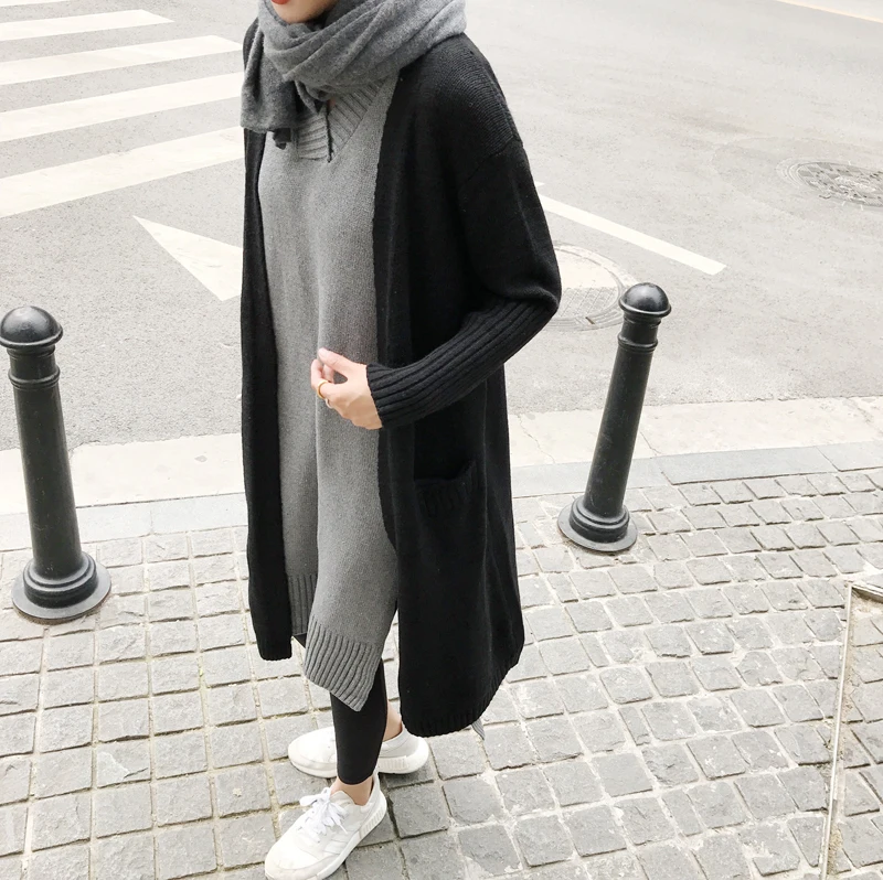 

Women Sweater 2019 Black Long Cardigan Long Sleeve Knitted Loose Chunky Cardigan Casual Wear