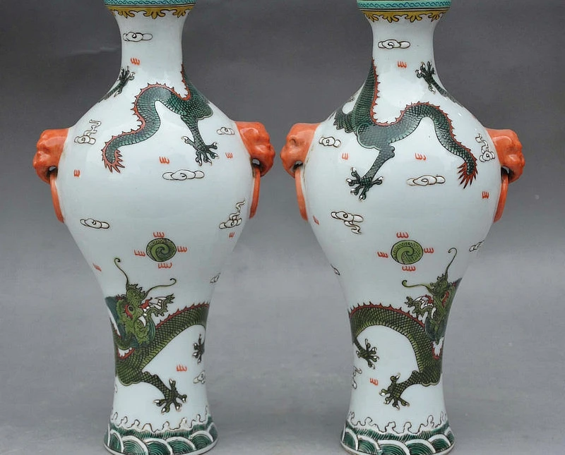 

11" China Folk Porcelain Wealth Dragon Beast Lion Head Flower Bottle Vase Pair