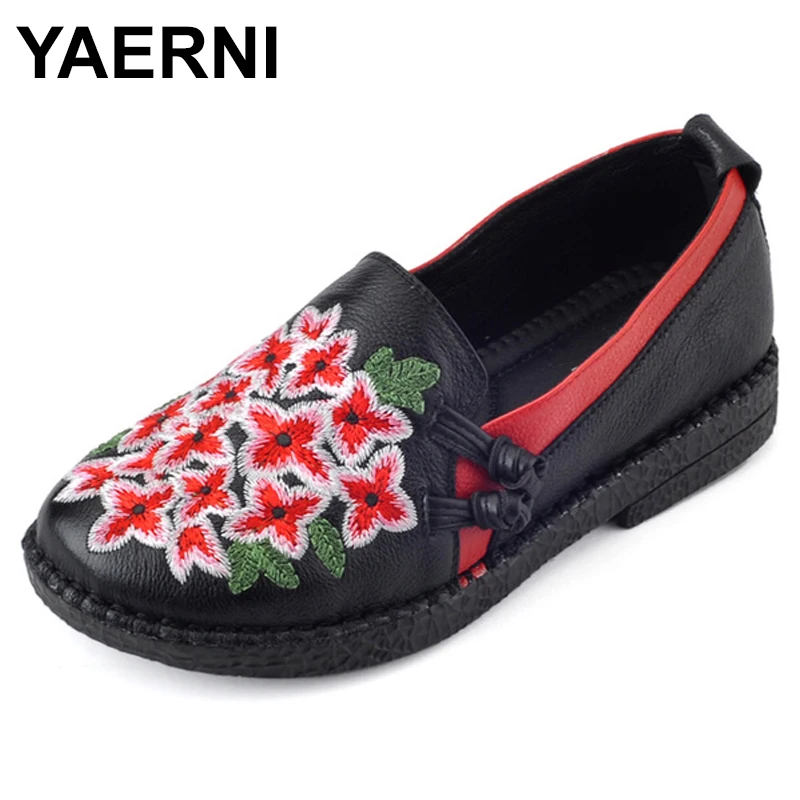 

YAERNI New Embroider Genuine leather Women Flats Fashion Casual Women's Shoes Round Toe Spring Summer Flat shoes