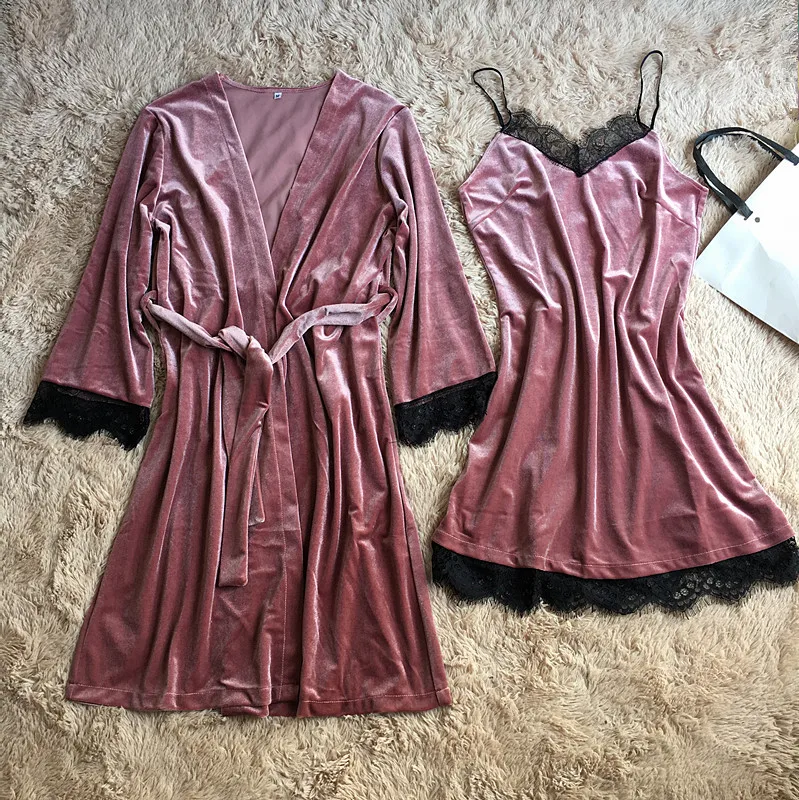 Женский комплект из 2 предметов, халат, ночная рубашка, одежда для сна, женские зимние Бархатные теплые халаты, высокое качество, сплошные кружевные лоскутные кимоно, Халат
