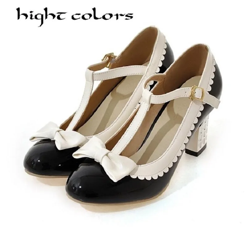 

Patent leather thick heel high heels shoes female t type buckle bow spell color girls dancing princess singles shoes women pumps
