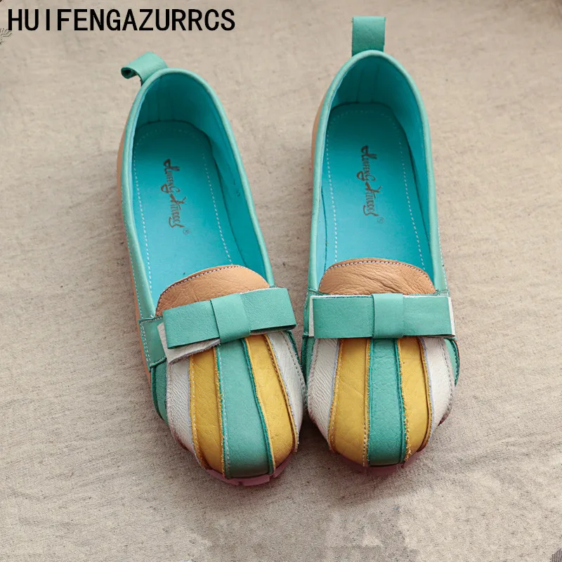 

HUIFENGAZURRCS-New style Pure handmade Casual real leather Rainbow strip shoes,Retro art mori girl Candy color Bow Fltas shoes