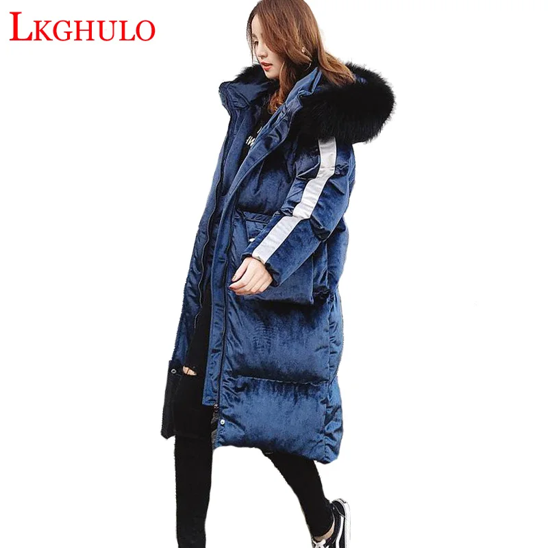 2018 New Winter Coat Women Gold Velvet Jacket Female Loose Hooded Coat Long Parkas Big Fur