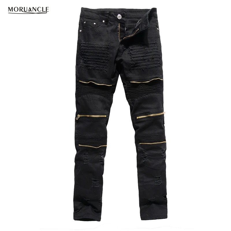 

MORUANCLE Men's Designer Ripped Biker Jeans Slim Fit Distressed Moto Stretch Denim Trousers For Male Gold Zipper Red Black White