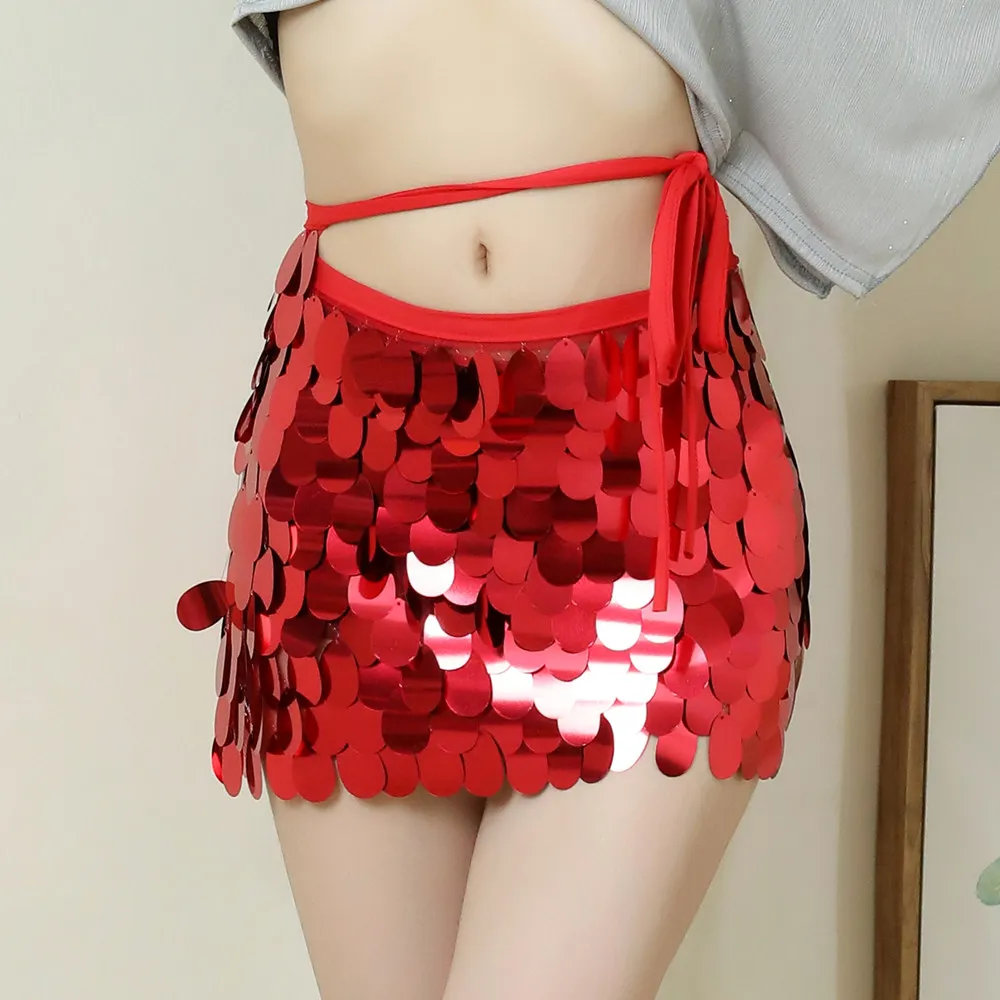 Hip Scarf Belly Dance Belt Sequins Waist Chain for Bellydance Accessories Practice Wear Shinning Women Short Wrap Skirt Oriental - Цвет: Red Belt