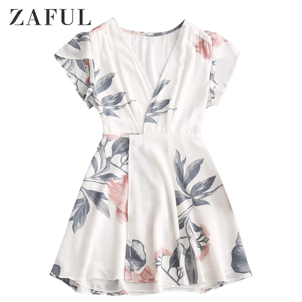 

ZAFUL Short Sleeve Mini Dress A Line V-Neck Flower Dress Tied-Up Kont Well Hem Dress For Elegant Women