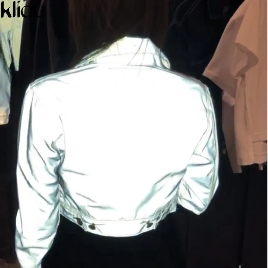 Kliou Новая женская укороченная однотонная светоотражающая куртка с воротником на пуговицах толстовка с длинным рукавом с регулирующимся поясом