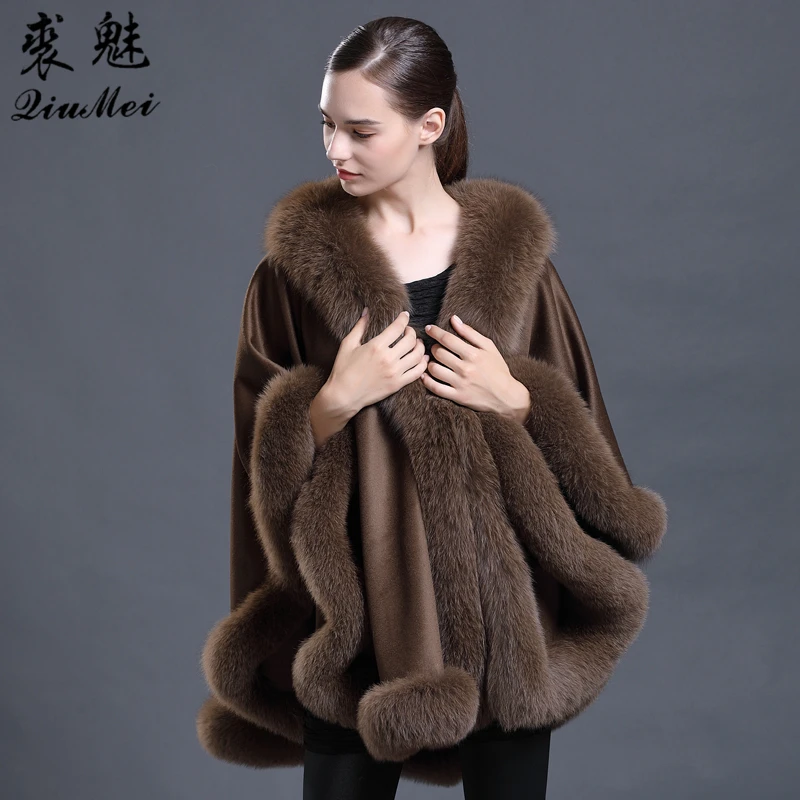 Real Cashmere Coat Poncho Genuine Fox Fur Trim all around Double Cape