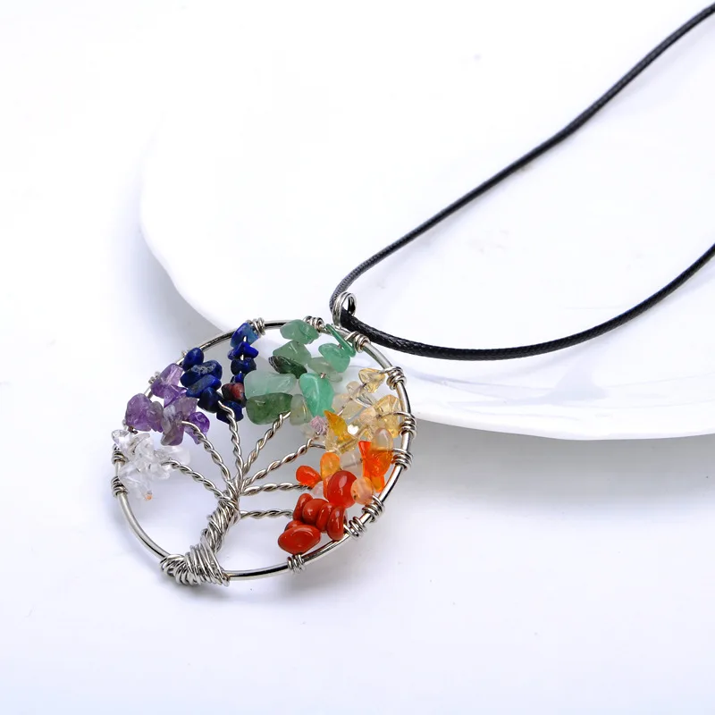 Tree of Life Pendant Necklace Rainbow Spiritual Chakra Healing Stone Crystal Gem