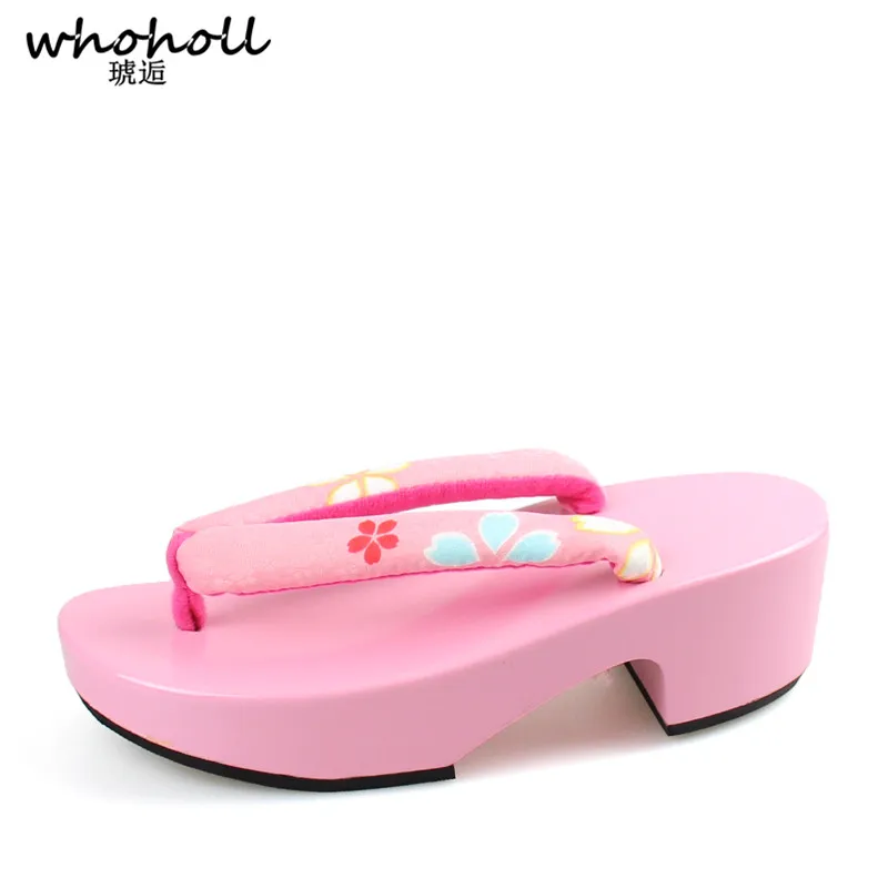 

WHOHOLL Japanese Clogs Wooden Wedge Geta Cosplay Women Kimono Flip-flops Solid Pink Paint Anti-skid Slippers Small Size 33 34