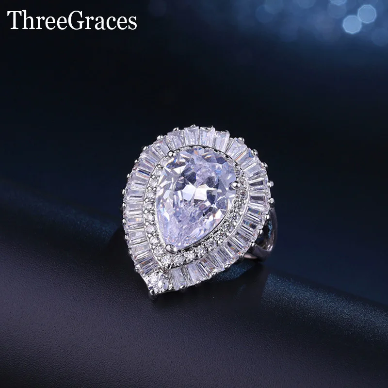 ThreeGraces роскошный дизайн большая капля воды кубического циркония элегантные обручальные кольца для женщин серебристый цвет CZ свадебные украшения RG039