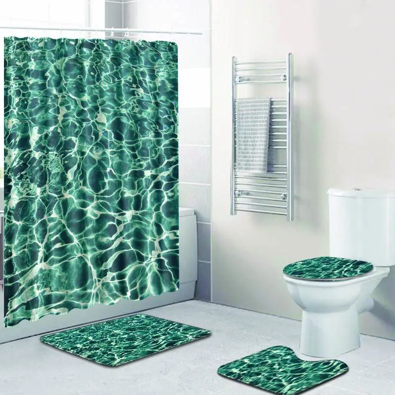 

4pcs/set Water Pattern Printed Shower Curtain Pedestal Rug Lid Toilet Cover Mat Bath Mat Set Bathroom Curtains with 12 Hooks