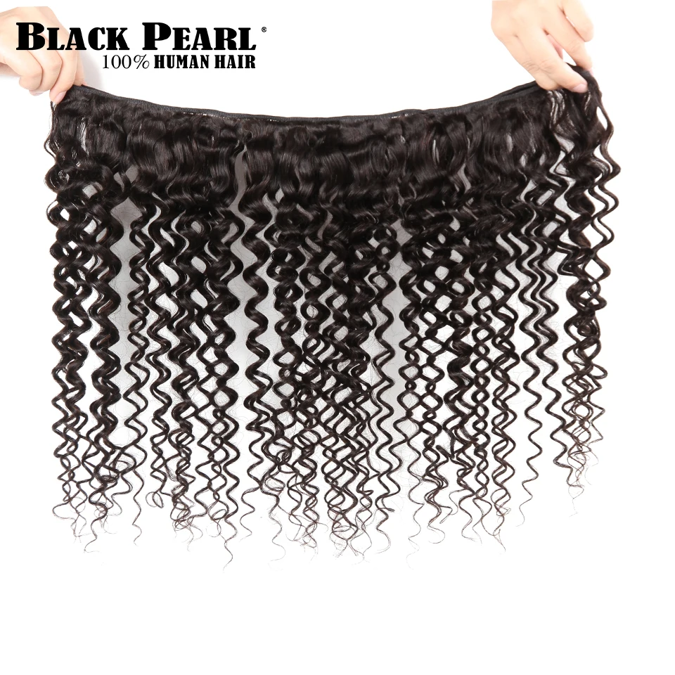 Black Pearl Brazilian Kinky Curly Lace Frontal Closure with Bundles Non Remy  Curly Hair 3 Bundles With 13x4 Lace Frontal