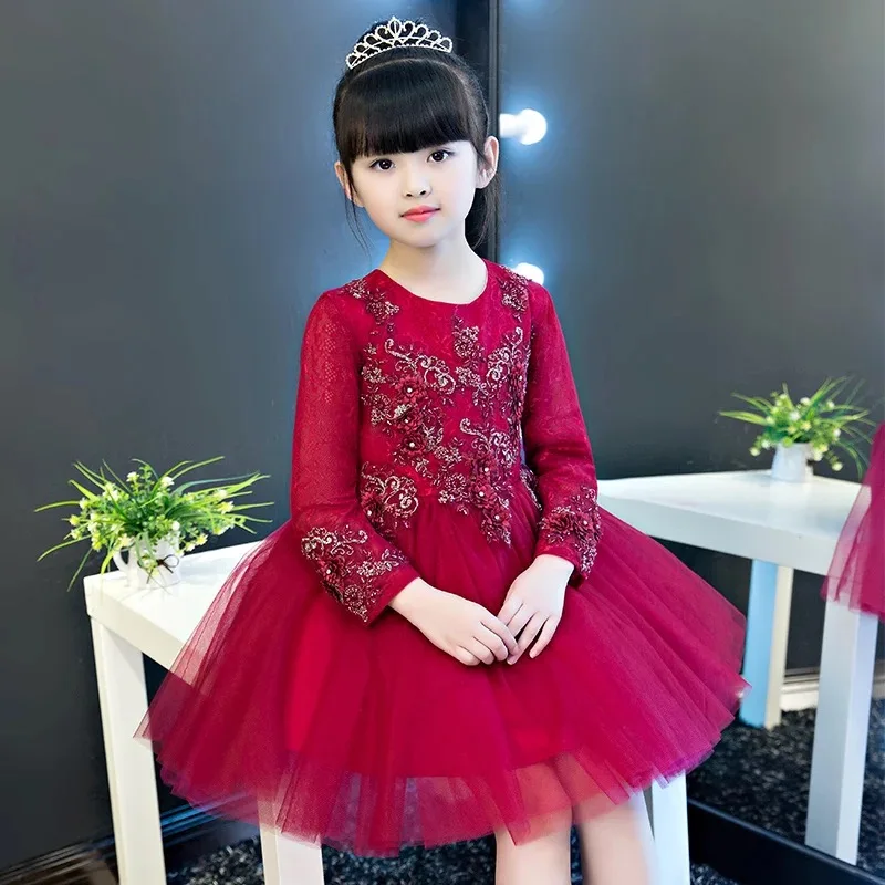 Fashion Wine Red Kids Girls Pageant Party Dress O-Neck Appliques Flowers Girl Lace Dresses Knee Length Ball Gown Princess Dress цена Fashion Wine Red Kids Girls Pageant Party Dress O-Neck Appliques Flowers Girl Lace Dresses Knee Length Ball Gown Princess Dress цены онлайн