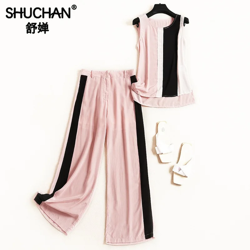 

Shuchan Summer Suit Female Fashionable Sets for Women Tracksuit Vest+ Wide Leg Trousers with Stripes on The Sides 2 Piece 51400