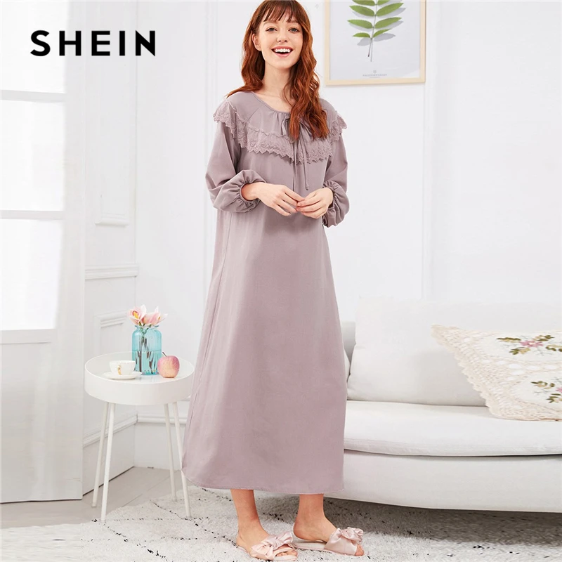 

SHEIN Abaya Pink Embroidered Flounce Neck Bishop Sleeve Nightdress 2018 Autumn Casual Pullover Women Lace Nightwear Sleepwear