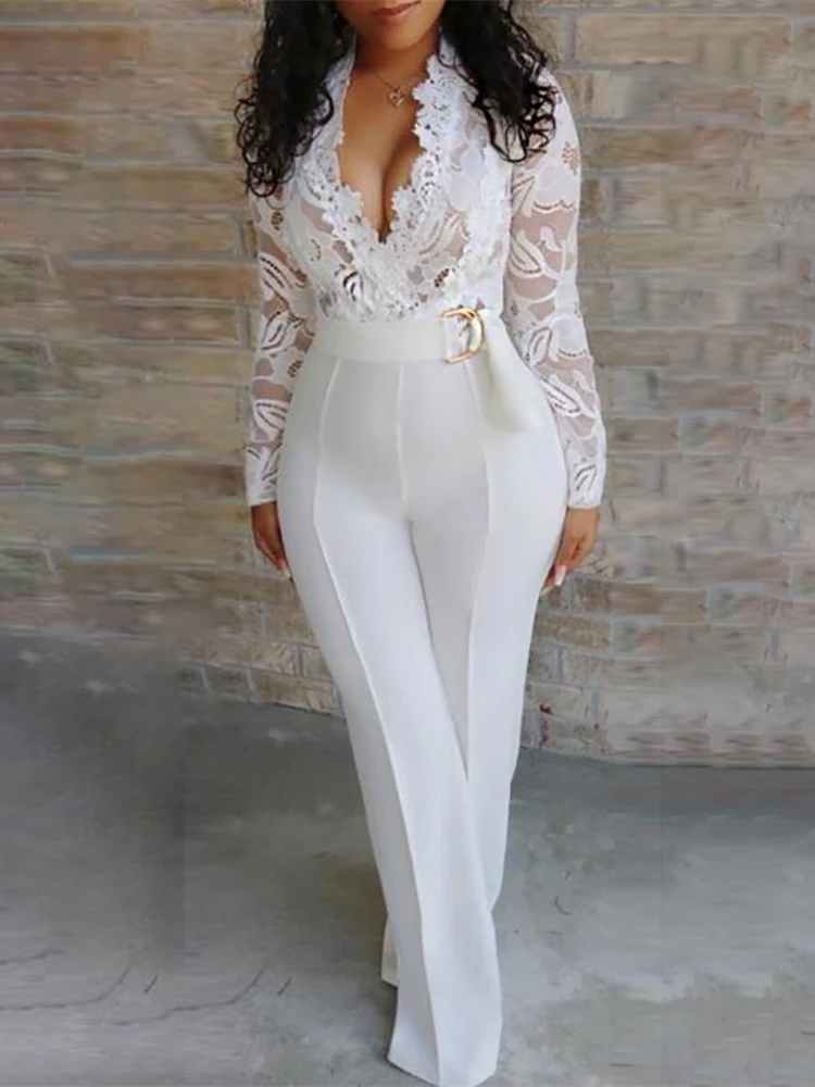 

2019 Summer Women Elegant White Sexy V-Neck Slim Fit Outfit Patchwork Crochet Plunge Eyelash Lace Bodice Insert Jumpsuit Overall