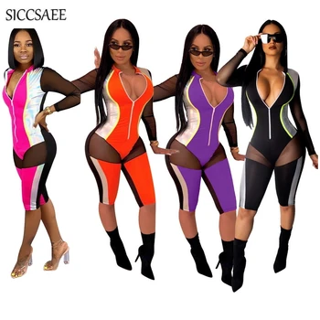 

Long Sleeve Mesh Perspective Bodycon Bodysuit Knee Length Zipper Front Patchwork Bandage Jumpsuits For Women 2019 Transparent