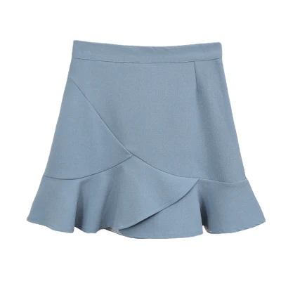 Solid Irregular Mini Mermaid Skirts Women Sexy Ruffles High Waist Package Hips Sweet Saias Office Ladies Work Slim Elegant Skirt - Цвет: Синий