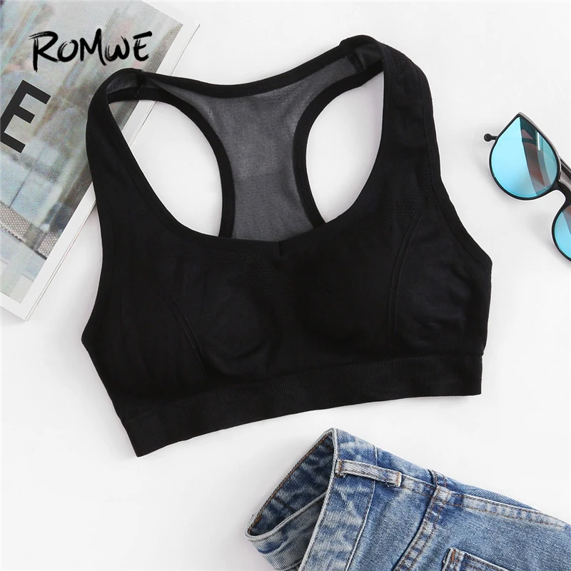 Romwe Sport Racer Back Brief Sports Bra Women Black Plain Yoga Fitness