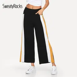 SweatyRocks Черные Полосатые боковые широкие брюки с карманами, Спортивная одежда на молнии, спортивные штаны, уличная одежда, свободные женские