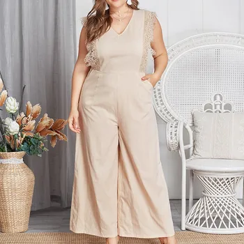

Casual Plus Size Jumpsuit Women Lace Patchwork Overalls Sleeveless Loose Playsuit