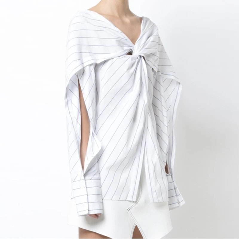 Striped Shirt Womens Series 2018 New Spring Summer Fashion Big Size Clothing Slash Neck Patchwork Ruched Irregular Blouse Female |