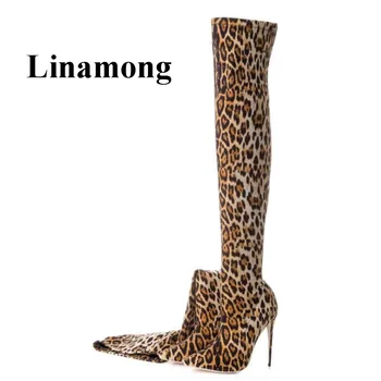 

Sexy Leopard Over-The-Knee Ladies Boots Fashion Pointed Toe Thin High Heel Stretch Women Boots High Quality Normal Size