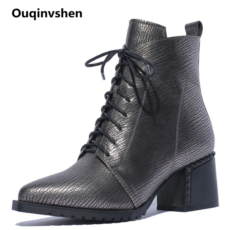 

Ouqinvshen Pointed Toe Snake Print Women Ankle Boots Elegant Office Casual Comfortable High Heel Boots Plus Size Lace Up Boots