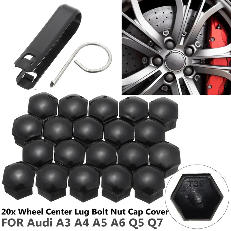 20pcs Tool Free Wheel Center Lug Bolt Nut Cap Cover Fit for Audi A3 A4 A5 A6 Q5 Q7 Black Plastic