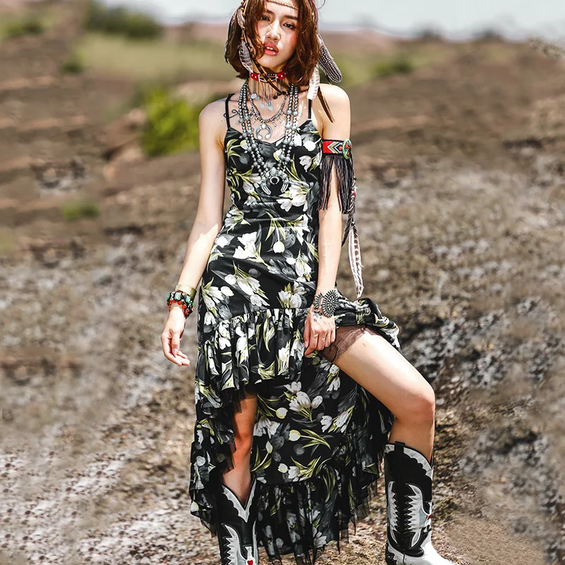 

Summer Women Vintage Bohemia Floral Chiffon Maxi Dress Sexy V-Neck Backless Print Ruffle Long Irregular Suspenders Dress