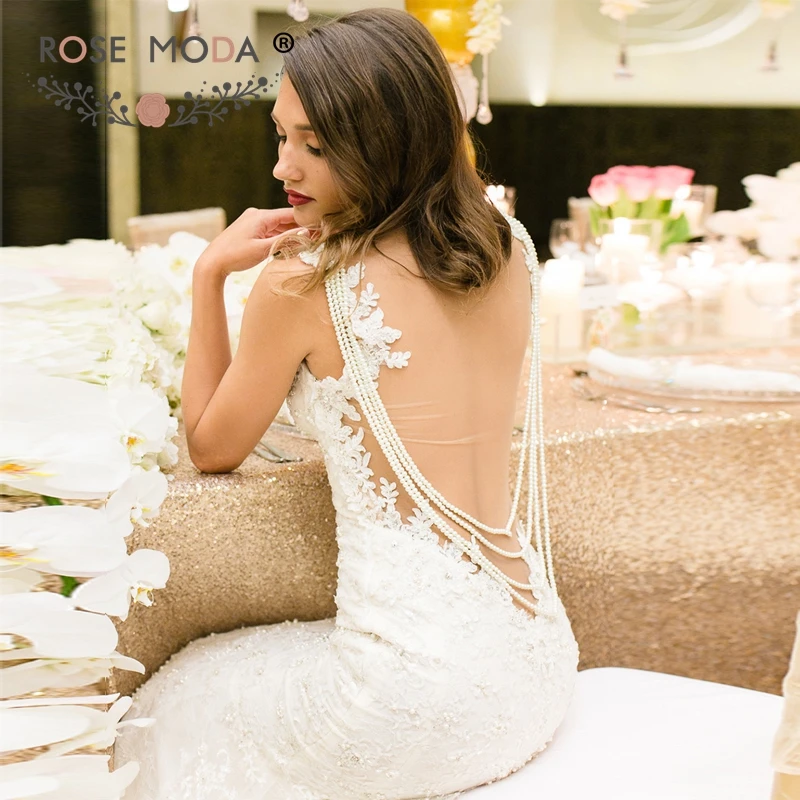 

Rose Moda Backless Lace Mermaid Wedding Dress 2019 with Pearls