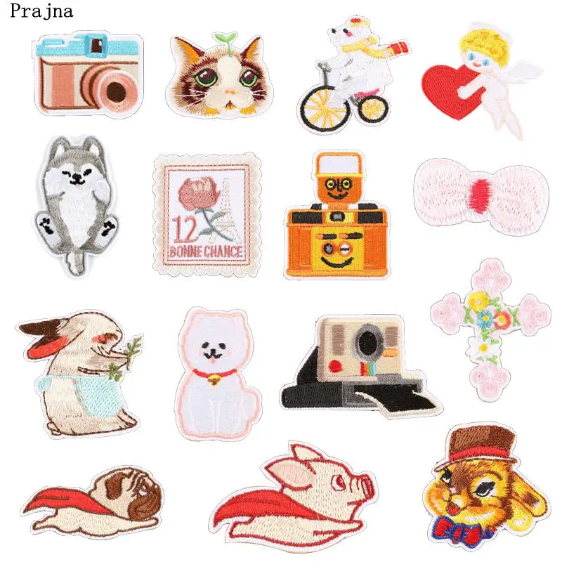 

Prajna Flying Pig Dog Iron On Patches Kitten Puppy Embroidered Camera Cartoon Stickers Clothing Rabbits Badges For Jeans Decal