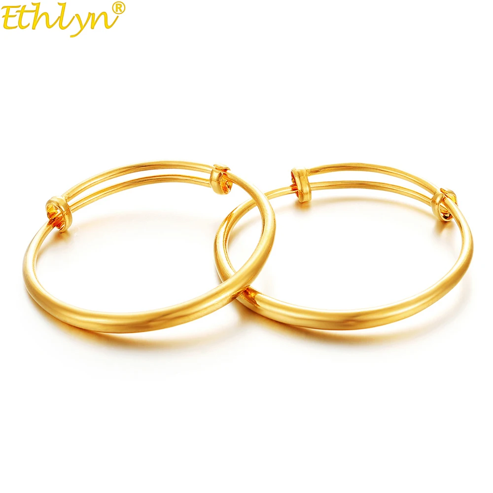 Ethlyn 2pcs/lot  Classical Smooth Lucky Baby Newbaby Gold Color Kids Adjustable Bangle Bracelet Best Children Gifts  B147 2