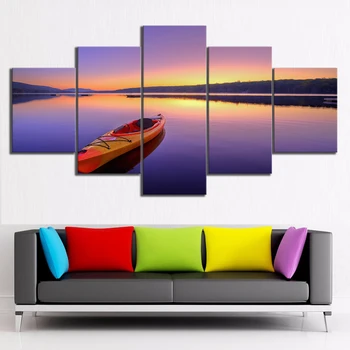 

5 Piece Sunrise Landscape Oil Paintings Kayak on The Quiet River Canvas Art Wall Paintings for Home Decor
